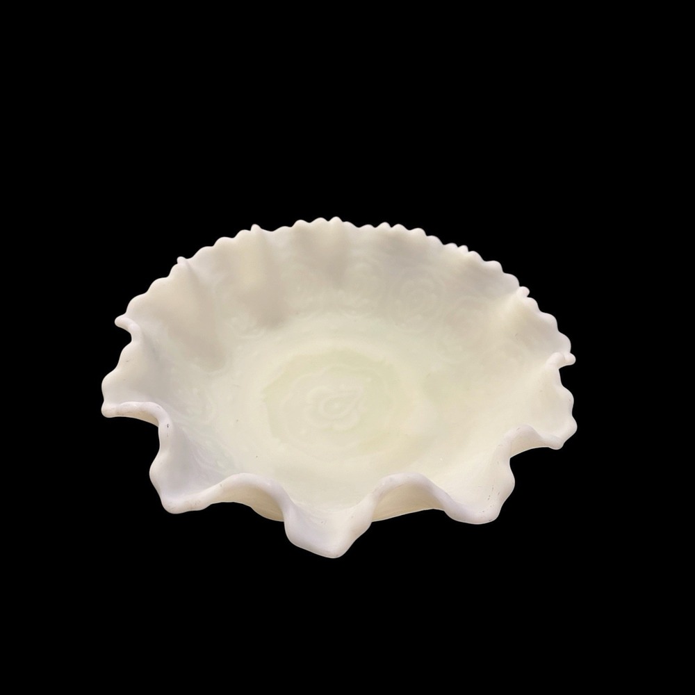 Vintage Imperial Custard Satin Milk Glass Stemmed Rose Ruffled Bowl 8" - Picture 5 of 9